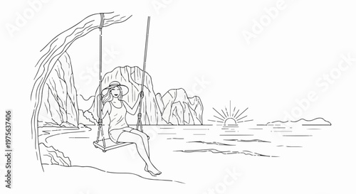 Woman on a swing at a tropical beach during sunrise