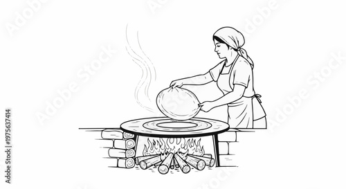 Woman cooks flatbread on a tandoor with wood fire