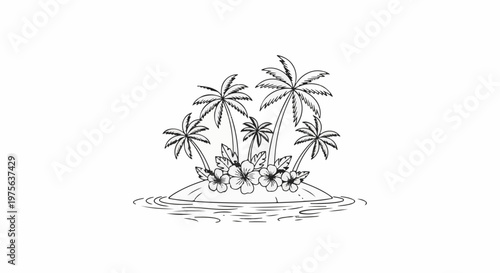 Tropical island scene with palm trees, hibiscus flowers, and ocean waves
