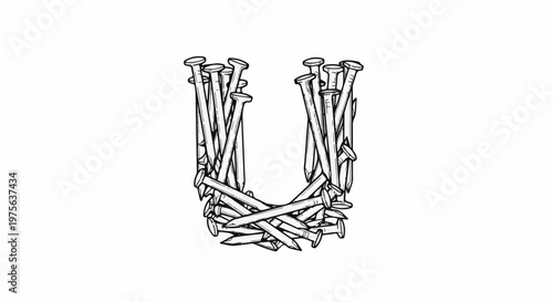 A stylized U-shape formed by a pile of metal fasteners