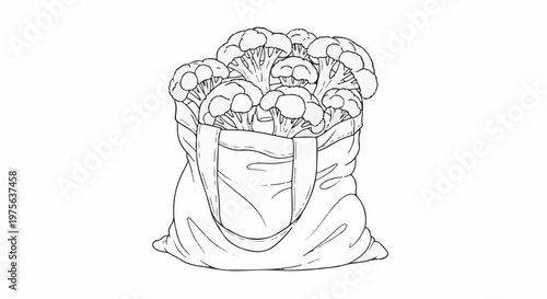A stylized illustration of a tote bag overflowing with broccoli florets