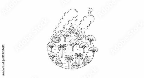 A stylized drawing of a forest fire engulfing trees and producing smoke