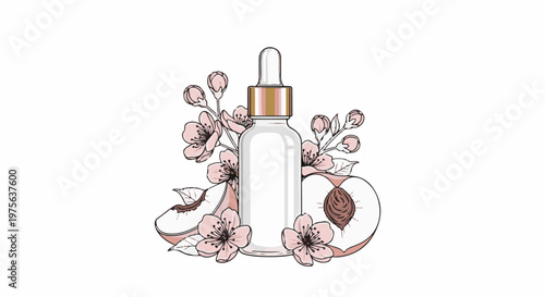 A glass dropper bottle with peach and cherry blossom accents