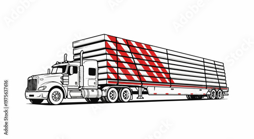 A large white semi-truck with a long trailer, adorned with red and white diagonal stripes