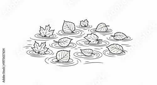 A collection of various leaves float on rippling water