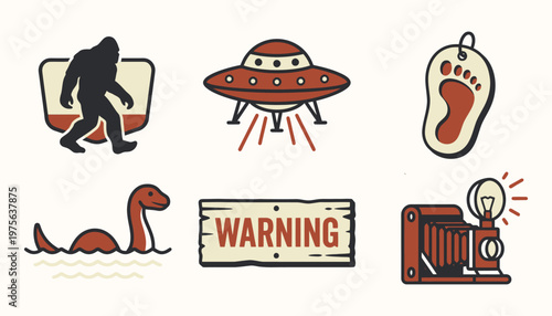 Retro cryptid and paranormal investigation icon set