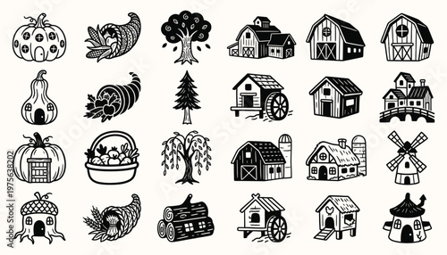 Rustic autumn harvest and farm life icon set in black and white style