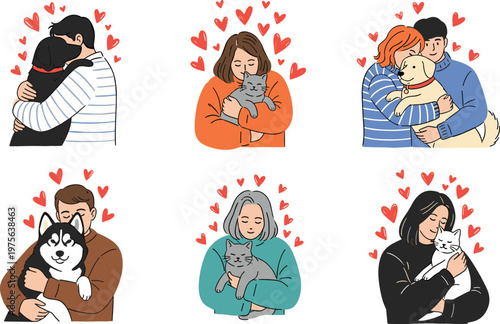 Cute Romantic Couple Hugging Illustration Set Featuring Loving Partners with Hearts Affection Relationship Moments and Valentine Theme Cartoon Collection