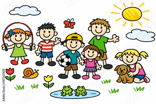 Cheerful family with children, dog, flowers, clouds, and sun in a bright outdoor cartoon scene. Colorful vector illustration of togetherness, parenting, and happy childhood moments.
