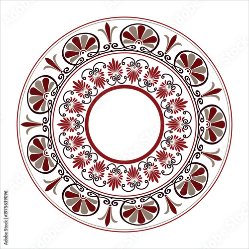 Round frame Greek key floral meander. Circular frame Greek palmette ornament. Classic antique border for luxury label, textile, engraving, plate, embroidery, porcelain, Mediterranean ceramic, laser 