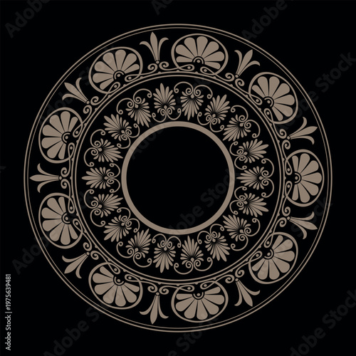 Gold round frame Greek floral meander. Circular gold frame Greek palmette ornament. Classic antique border for textile, engraving, embroidery, porcelain, Mediterranean ceramic, laser cutting, plate 