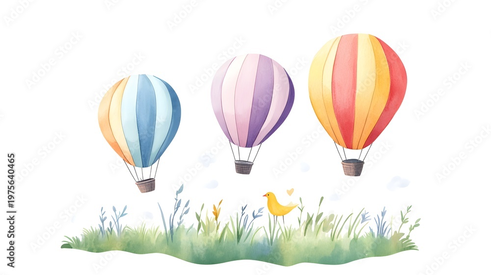Obraz premium Three watercolor hot air balloons float above a grassy meadow with a bird