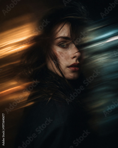 An enigmatic portrait of a young woman set in dynamic motion blur.