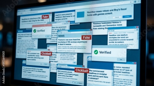 Fake news and verified fact checking pop up windows on computer screen