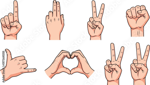 Hand gestures set showing peace fist heart and pointing signs
