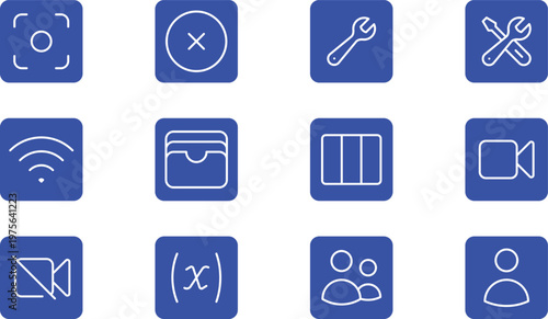 Set of 12 blue UI interface and utility icons isolated.