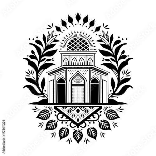 A sketchy style illustration depicting persian courtyard