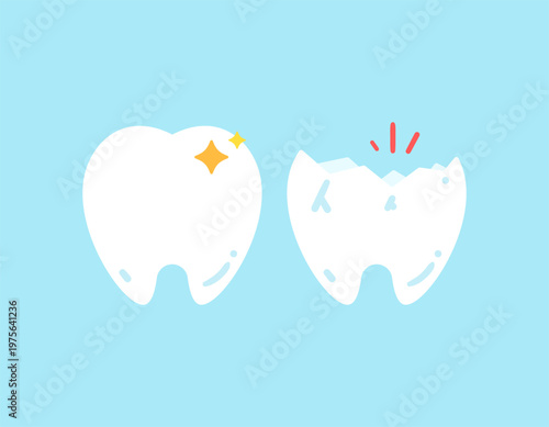 The concept of healthy teeth and decayed teeth. Illustration of a clean and strong tooth with a cavity and damaged tooth. Dental health conditions. Decay. Metaphor, symbol, element, flat vector style,
