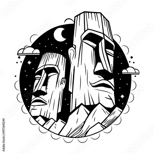 A drawing style illustration representing moai statues