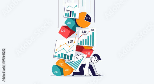 Businessman under falling charts graphs.