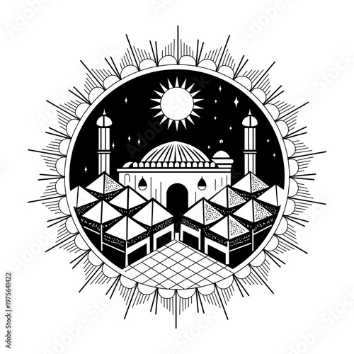 A glyph style illustration showing ottoman city