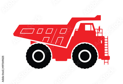 Large mining vehicle dump truck illustration in flat style, side angle, separated on a white background.