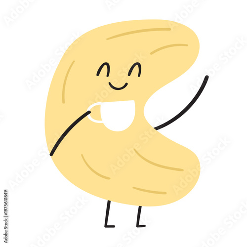 Cute cashew with a cup of coffee. Hand Drawn Vector Illustration On White Background.