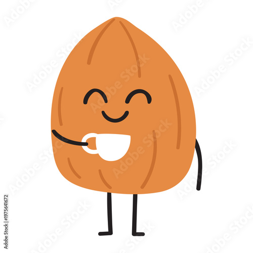 Smiling Almond with a cup of coffee. Hand Drawn Vector Illustration On White Background.
