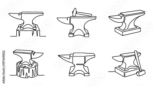 anvil , six black Continuous Line Art (Single Line) vector set collection , white background , PNG and SVG