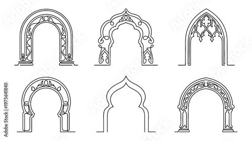 arch , six black Continuous Line Art (Single Line) vector set collection , white background , PNG and SVG