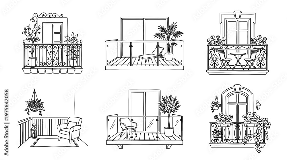 Naklejka premium balcony , six black Continuous Line Art (Single Line) vector set collection , white background , PNG and SVG