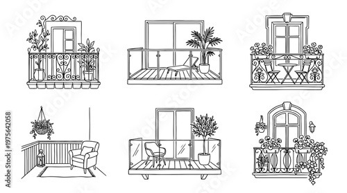 balcony , six black Continuous Line Art (Single Line) vector set collection , white background , PNG and SVG