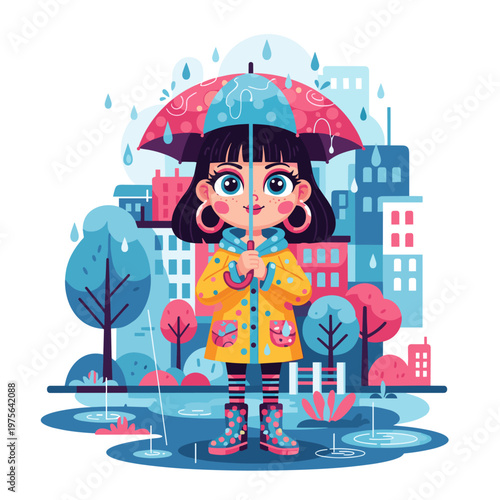 Cute girl in yellow raincoat holding umbrella in rainy city park vector illustration