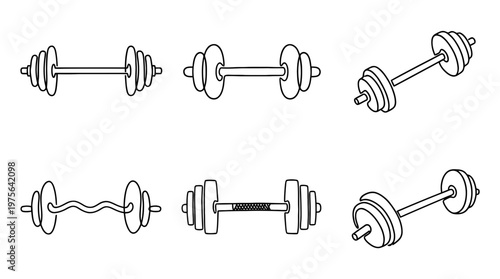 barbell , six black Continuous Line Art (Single Line) vector set collection , white background , PNG and SVG