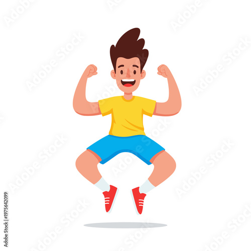 Strong Energetic Young Man Jumping and Flexing Muscles Cartoon Character Vector Illustration