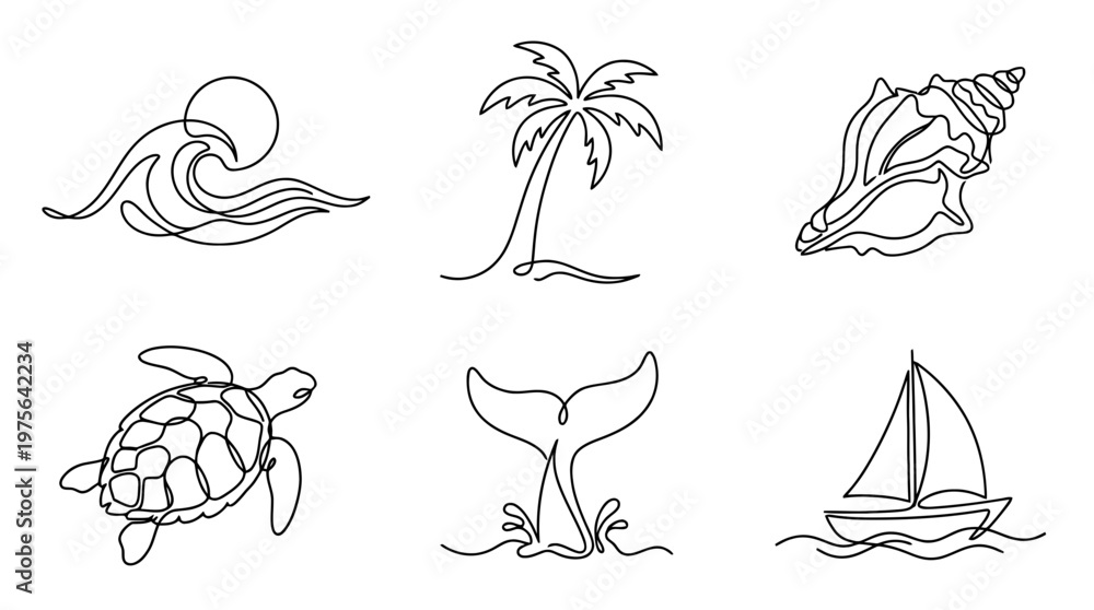Obraz premium beach towel , six black Continuous Line Art (Single Line) vector set collection , white background , PNG and SVG