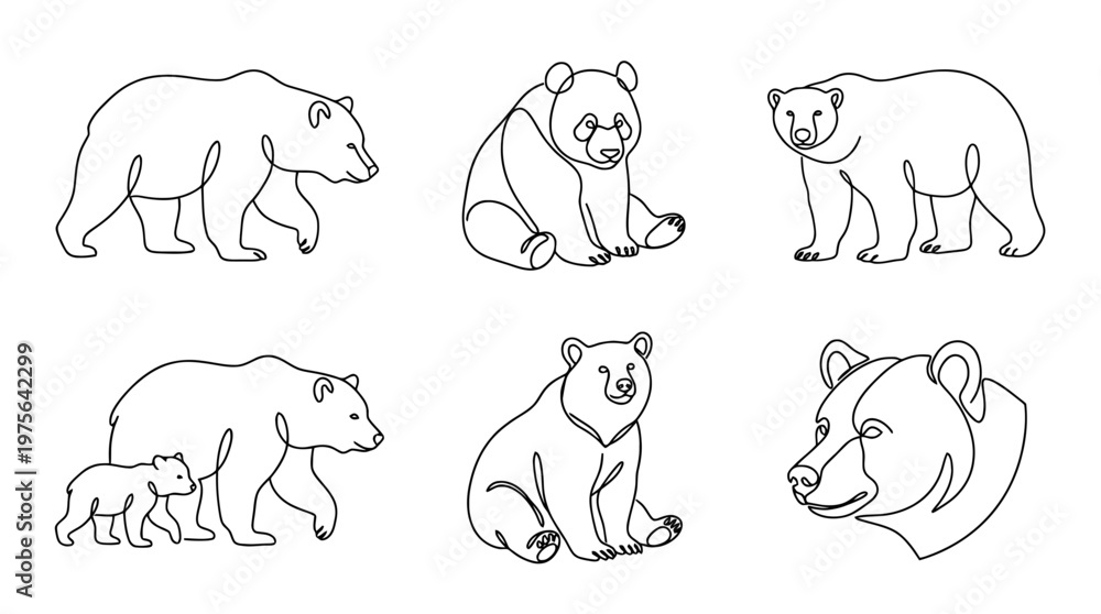 Fototapeta premium bear , six black Continuous Line Art (Single Line) vector set collection , white background , PNG and SVG