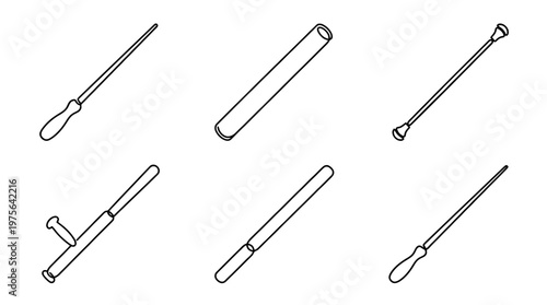 baton , six black Continuous Line Art (Single Line) vector set collection , white background , PNG and SVG