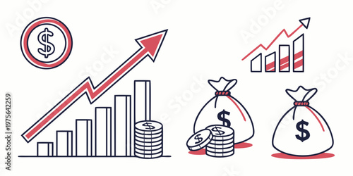 Illustrated collection of icons representing finance, business, and growth
