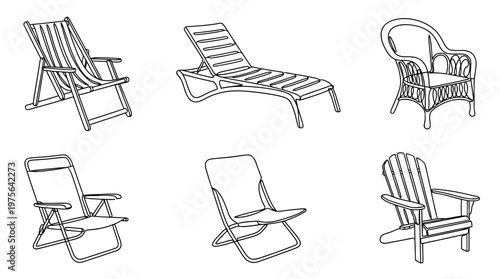 beach chair , six black Continuous Line Art (Single Line) vector set collection , white background , PNG and SVG