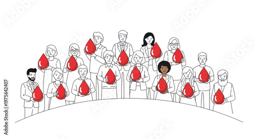 Diverse group of people holding red blood droplets in a line illustration style