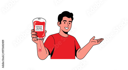 Man holding blood bag smiling and presenting it with one hand