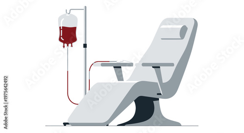 Blood donation chair with iv bag and tubing for medical procedure in healthcare setting