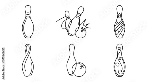 bowling pin , six black Continuous Line Art (Single Line) vector set collection , white background , PNG and SVG