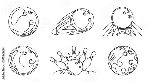 bowling ball , six black Continuous Line Art (Single Line) vector set collection , white background , PNG and SVG