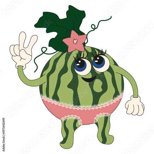 Funny coquette Watermelon character design isolated transparent background. Cartoon vector Watermelon in retro Lace underwear. Fun Watermelon Day design. Eps 10