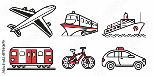 Various modes of transportation including a car, bus and airplane