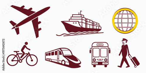 Various modes of transportation including bicycle, car, train, and helicopter