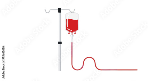 Blood iv drip bag on medical stand with red tube for hospital treatment and healthcare