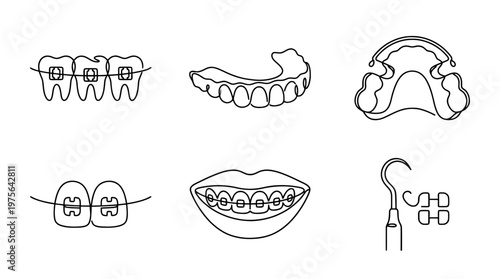 braces , six black Continuous Line Art (Single Line) vector set collection , white background , PNG and SVG